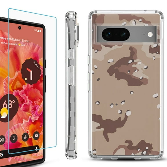 OneToughShield ® for Google Pixel 7a Shockproof Bumper Phone Case, with Tempered Glass Screen Protector - Desert Camo