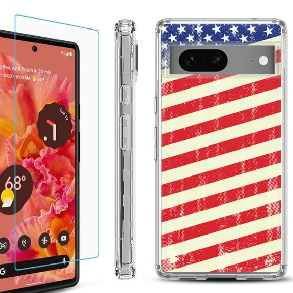 OneToughShield ® for Google Pixel 7a Shockproof Bumper Phone Case, with Tempered Glass Screen Protector - Flag / USA