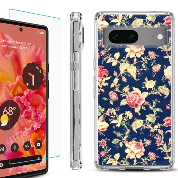 OneToughShield ® for Google Pixel 7a Shockproof Bumper Phone Case, with Tempered Glass Screen Protector - Floral Garden