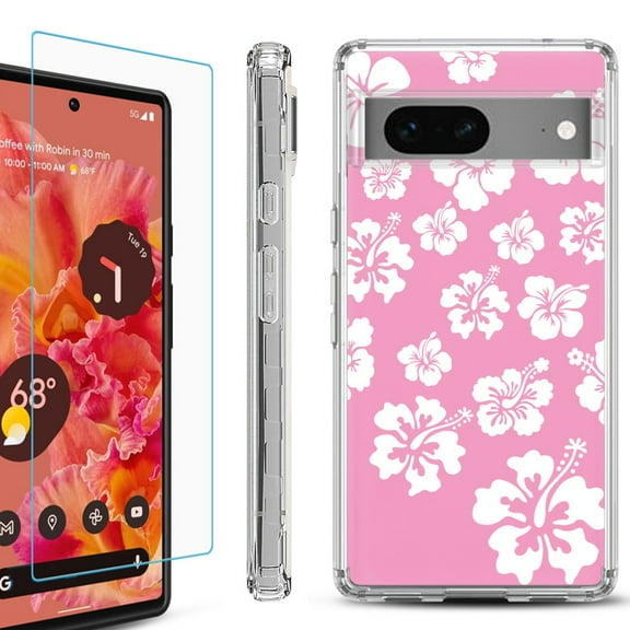 OneToughShield  for Google Pixel 7a Shockproof Bumper Phone Case, with Tempered Glass Screen Protector - Hibiscus Pink