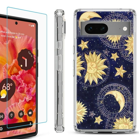 OneToughShield  for Google Pixel 7a Shockproof Bumper Phone Case, with Tempered Glass Screen Protector - Moon Sun Star