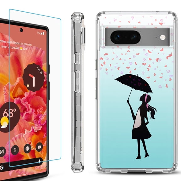 OneToughShield  for Google Pixel 7a Shockproof Bumper Phone Case, with Tempered Glass Screen Protector - Rain/Hearts