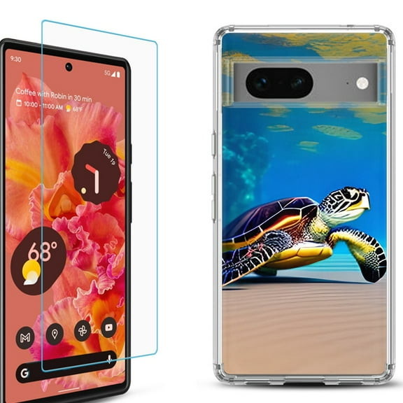 OneToughShield  for Google Pixel 7a Shockproof Bumper Phone Case, with Tempered Glass Screen Protector - Sea Turtle Beach