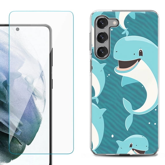 OneToughShield ® for Samsung Galaxy S23 5G Shockproof Fashion Phone Case, with Tempered Glass Screen Protector - Smiling Dolphin