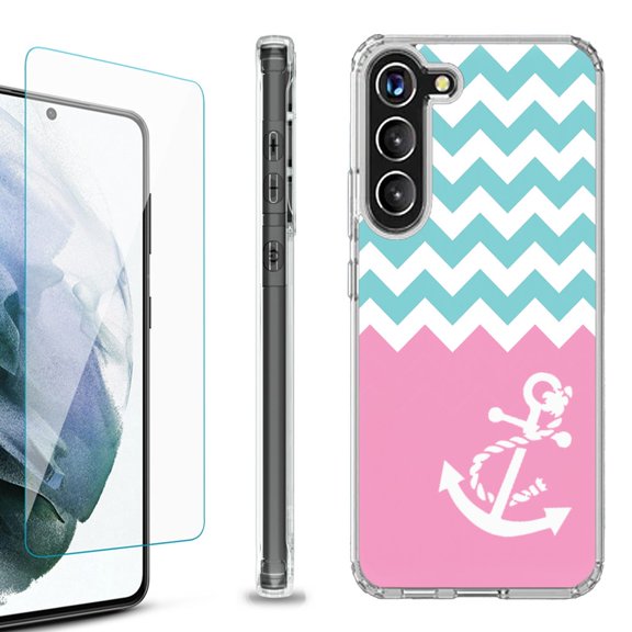 OneToughShield for Samsung Galaxy S23+ S23 Plus 5G Shockproof Bumper Phone Case, with Tempered Glass Screen Protector - Chevron/Anchor