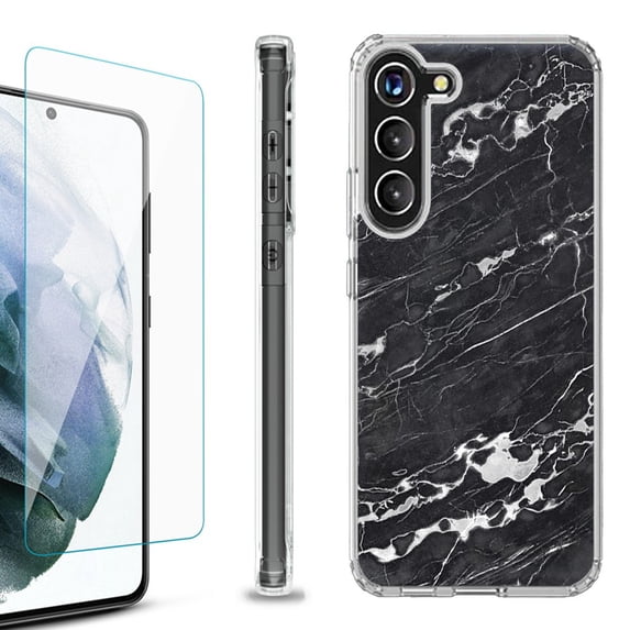 OneToughShield ® for Samsung Galaxy S23+ S23 Plus 5G Shockproof Bumper Phone Case, with Tempered Glass Screen Protector - Marble B/W
