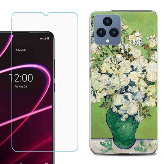 OneToughShield ® for T-Mobile Revvl 6x 5G Shockproof Phone Case, with Tempered Glass Screen Protector - White Roses