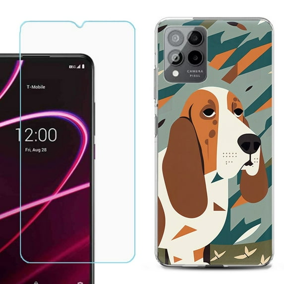 OneToughShield ® for T-Mobile Revvl 6x Pro 5G Shockproof Fashion Phone Case, with Tempered Glass Screen Protector - Basset Hound