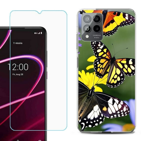 OneToughShield ® for T-Mobile Revvl 6x Pro 5G Shockproof Fashion Phone Case, with Tempered Glass Screen Protector - Butterfly Flower