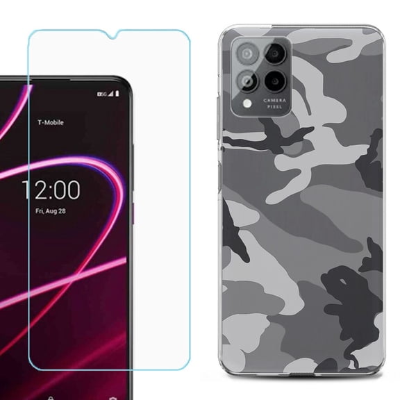 OneToughShield ® for T-Mobile Revvl 6x Pro 5G Shockproof Fashion Phone Case, with Tempered Glass Screen Protector - Camo B/W