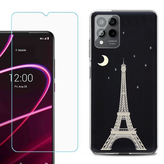 OneToughShield ® for T-Mobile Revvl 6x Pro 5G Shockproof Fashion Phone Case, with Tempered Glass Screen Protector - Eiffel Tower Moon