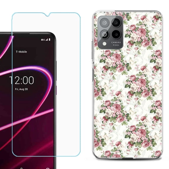 OneToughShield ® for T-Mobile Revvl 6x Pro 5G Shockproof Fashion Phone Case, with Tempered Glass Screen Protector - Floral/Rose