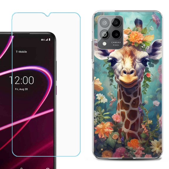 OneToughShield ® for T-Mobile Revvl 6x Pro 5G Shockproof Fashion Phone Case, with Tempered Glass Screen Protector - Giraffe Flower