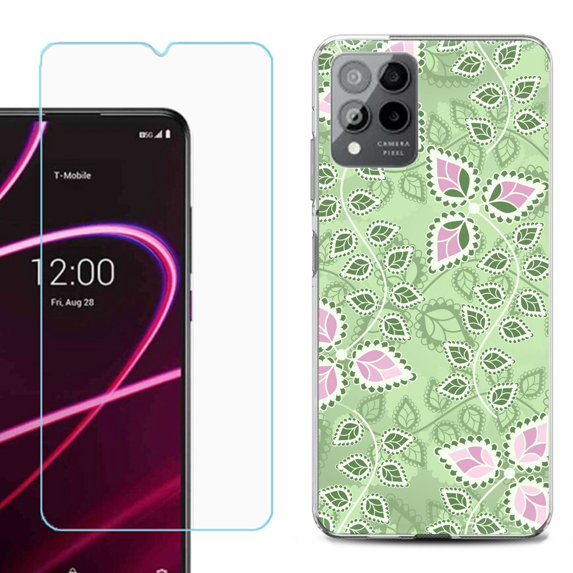 OneToughShield ® for T-Mobile Revvl 6x Pro 5G Shockproof Fashion Phone Case, with Tempered Glass Screen Protector - Leaf Pink Green
