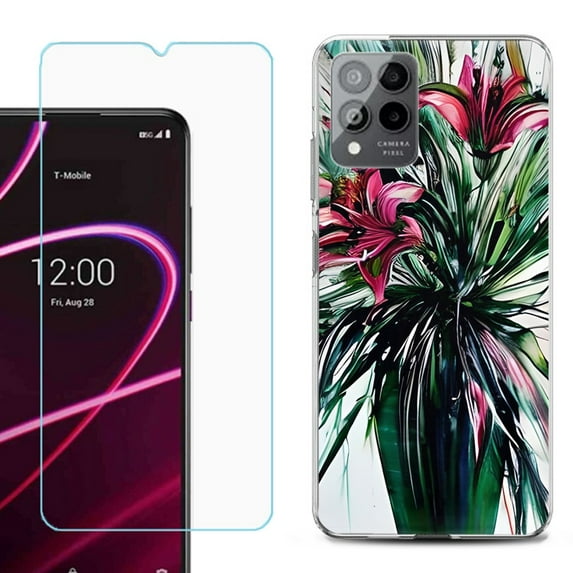 OneToughShield ® for T-Mobile Revvl 6x Pro 5G Shockproof Fashion Phone Case, with Tempered Glass Screen Protector - Lily