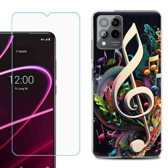 OneToughShield ® for T-Mobile Revvl 6x Pro 5G Shockproof Fashion Phone Case, with Tempered Glass Screen Protector - Music Notes Colorful