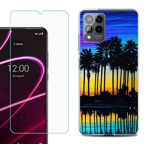 OneToughShield ® for T-Mobile Revvl 6x Pro 5G Shockproof Fashion Phone Case, with Tempered Glass Screen Protector - Palmtree