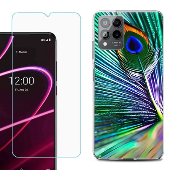 OneToughShield ® for T-Mobile Revvl 6x Pro 5G Shockproof Fashion Phone Case, with Tempered Glass Screen Protector - Peacock Feather