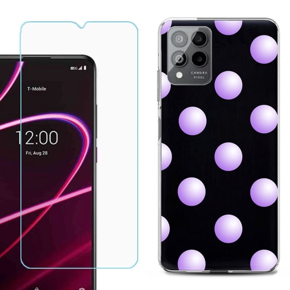OneToughShield ® for T-Mobile Revvl 6x Pro 5G Shockproof Fashion Phone Case, with Tempered Glass Screen Protector - Polka Dot / Purple