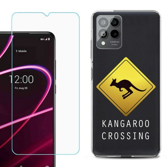 OneToughShield ® for T-Mobile Revvl 6x Pro 5G Shockproof Fashion Phone Case, with Tempered Glass Screen Protector - Road Sign Kangaroo