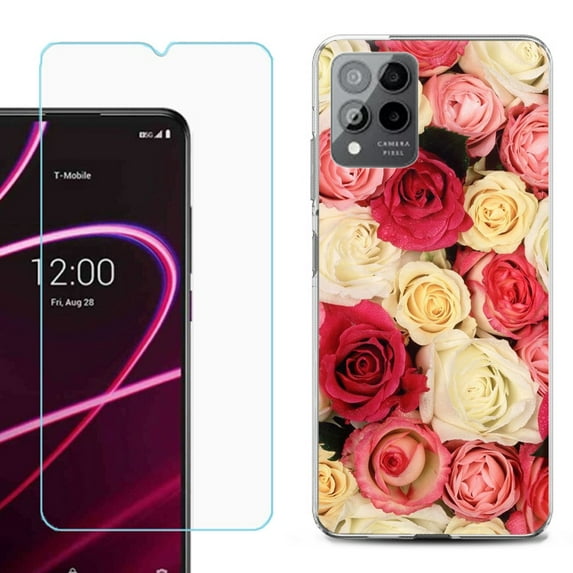 OneToughShield ® for T-Mobile Revvl 6x Pro 5G Shockproof Fashion Phone Case, with Tempered Glass Screen Protector - Rose Bouquet