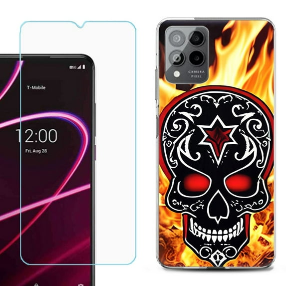 OneToughShield ® for T-Mobile Revvl 6x Pro 5G Shockproof Fashion Phone Case, with Tempered Glass Screen Protector - Skull Flames