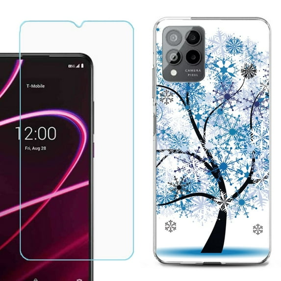 OneToughShield ® for T-Mobile Revvl 6x Pro 5G Shockproof Fashion Phone Case, with Tempered Glass Screen Protector - Snowflakes Tree