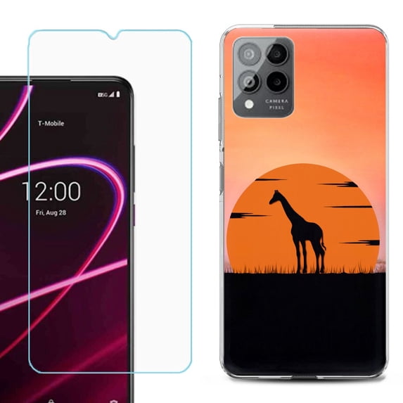 OneToughShield ® for T-Mobile Revvl 6x Pro 5G Shockproof Fashion Phone Case, with Tempered Glass Screen Protector - Sunset Giraffe