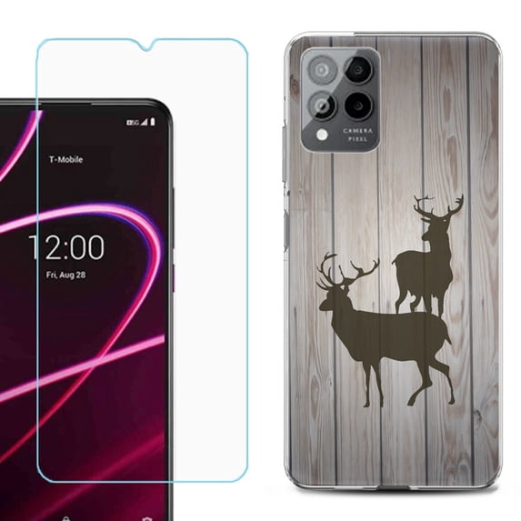 OneToughShield ® for T-Mobile Revvl 6x Pro 5G Shockproof Fashion Phone Case, with Tempered Glass Screen Protector - Wood/Deer