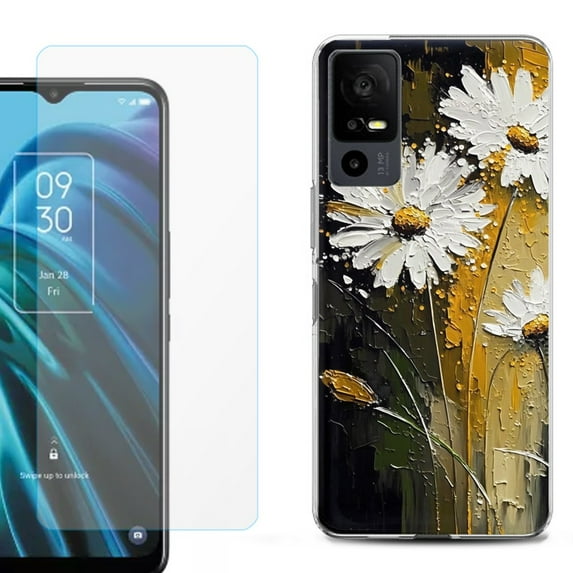 OneToughShield ® for TCL 40 XE 5G Shockproof Fashion Phone Case, with Tempered Glass Screen Protector - Abstract Daisy