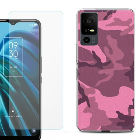 OneToughShield ® for TCL 40 XE 5G Shockproof Fashion Phone Case, with Tempered Glass Screen Protector - Camo Pink