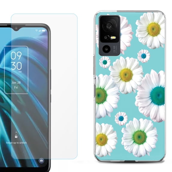 OneToughShield ® for TCL 40 XE 5G Shockproof Fashion Phone Case, with Tempered Glass Screen Protector - Daisy/Teal