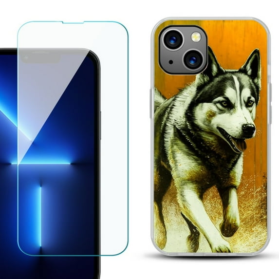 OneToughShield ® for iPhone 13 Shockproof Phone Case, with Tempered Glass Screen Protector - Running Husky