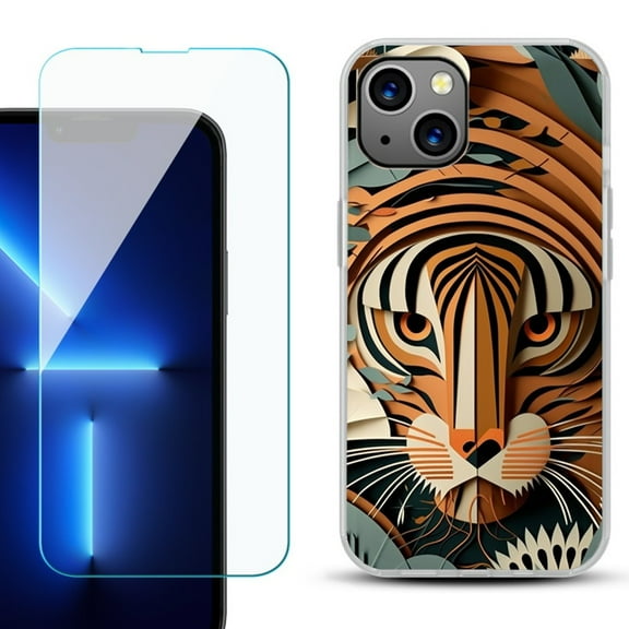 OneToughShield  for iPhone 13 Shockproof Phone Case, with Tempered Glass Screen Protector - Tiger Art