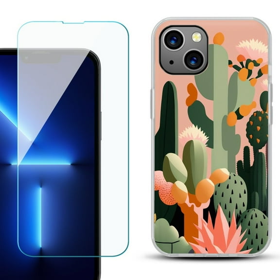 OneToughShield  for iPhone 15 Fashion Phone Case, with Tempered Glass Screen Protector - Cactus