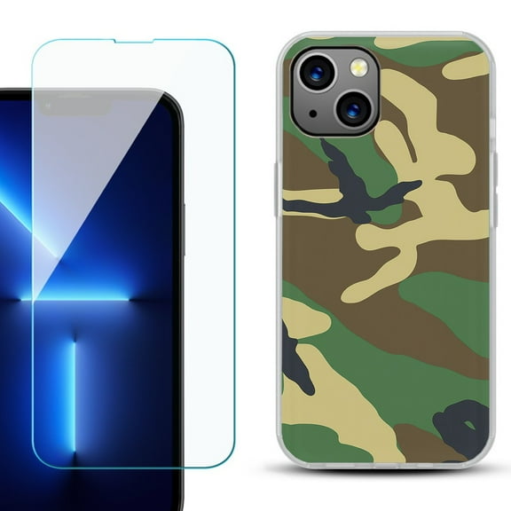 OneToughShield ® for iPhone 15 Fashion Phone Case, with Tempered Glass Screen Protector - Camo Green
