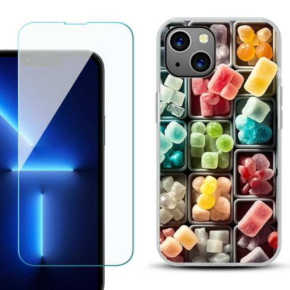 OneToughShield  for iPhone 15 Fashion Phone Case, with Tempered Glass Screen Protector - Candy Box