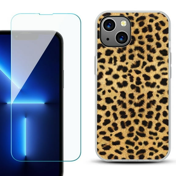 OneToughShield ® for iPhone 15 Fashion Phone Case, with Tempered Glass Screen Protector - Cheetah Gold/Black