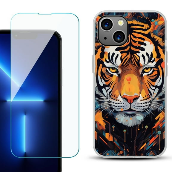 OneToughShield for iPhone 15 Fashion Phone Case, with Tempered Glass Screen Protector - Cyberpunk Tiger