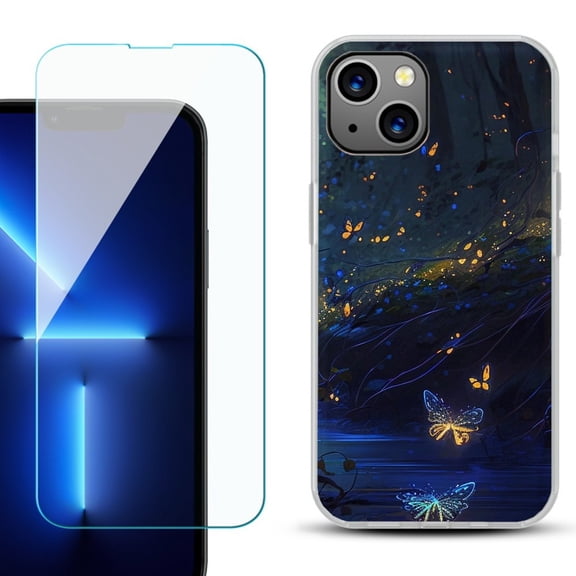 OneToughShield for iPhone 15 Fashion Phone Case, with Tempered Glass Screen Protector - Fireflies Butterfly