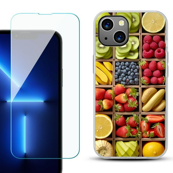 OneToughShield for iPhone 15 Fashion Phone Case, with Tempered Glass Screen Protector - Fruit Box