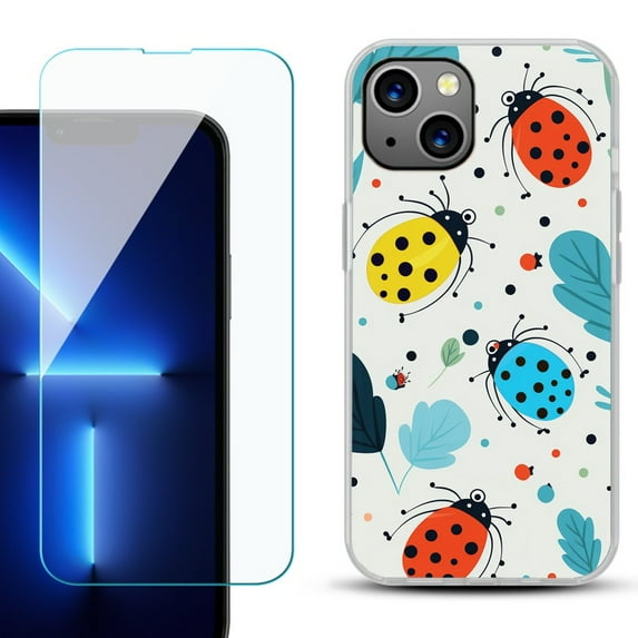 OneToughShield ® for iPhone 15 Fashion Phone Case, with Tempered Glass Screen Protector - Ladybug Mix