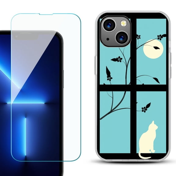 OneToughShield for iPhone 15 Fashion Phone Case, with Tempered Glass Screen Protector - Moon/Cat