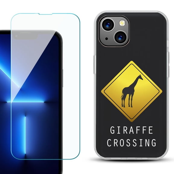 OneToughShield ® for iPhone 15 Fashion Phone Case, with Tempered Glass Screen Protector - Road Sign Giraffe