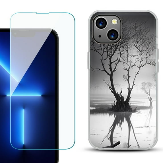 OneToughShield ® for iPhone 15 Fashion Phone Case, with Tempered Glass Screen Protector - Tree BW