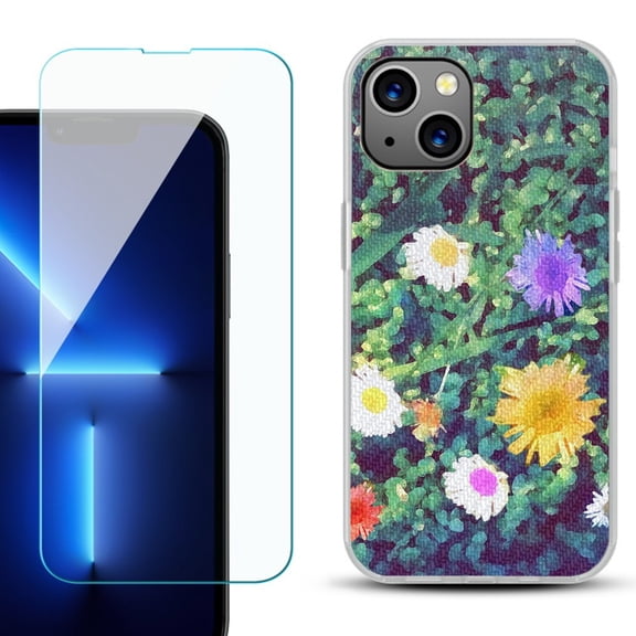 OneToughShield ® for iPhone 15 Plus Shockproof Phone Case, with Tempered Glass Screen Protector - Daisy Paint