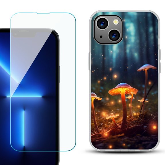 OneToughShield for iPhone 15 Plus Shockproof Phone Case, with Tempered Glass Screen Protector - Fireflies Mushroom