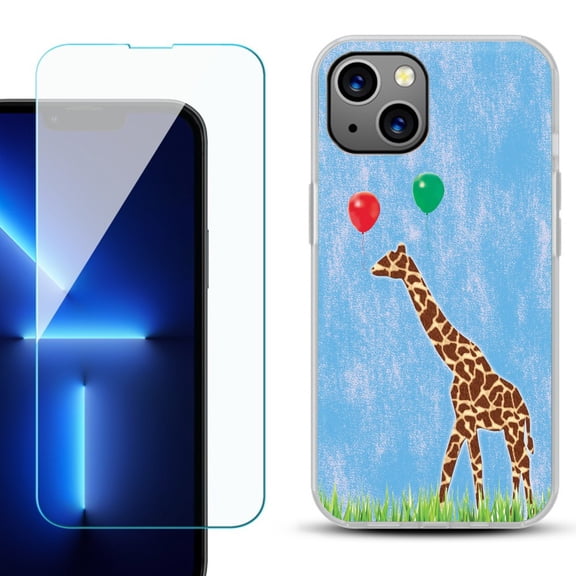 OneToughShield ® for iPhone 15 Plus Shockproof Phone Case, with Tempered Glass Screen Protector - Giraffe/Balloon