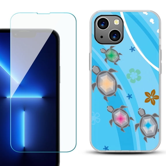 OneToughShield ® for iPhone 15 Plus Shockproof Phone Case, with Tempered Glass Screen Protector - Happy Turtle
