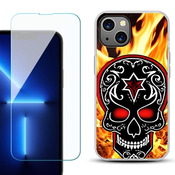 OneToughShield ® for iPhone 15 Plus Shockproof Phone Case, with Tempered Glass Screen Protector - Skull Flames